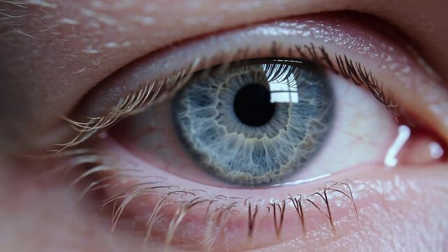 Extreme close-up macro video of a human blue eye with visible iris patterns, eyelashes, and reflections of a window, showcasing the intricate detail and texture of the eye
