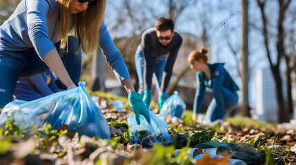 Fototapeta premium Volunteers gathering trash in plastic bags outdoors in a park on a sunny day for community cleanup