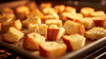 Seasoned croutons on baking sheet in the oven