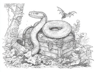 Obraz premium Enchanted forest scene featuring a snake on a treasure chest.