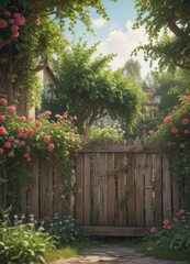 Fototapeta premium Distressed wooden fence partially hidden by lush flowering vines, vintage frame , worn, flowers, spring