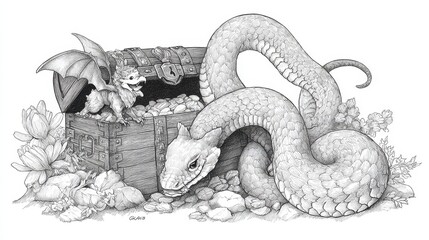 Intricate grayscale drawing of a treasure chest and reptiles.
