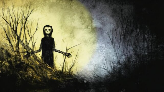 Mysterious figure emerging from dark forest at night