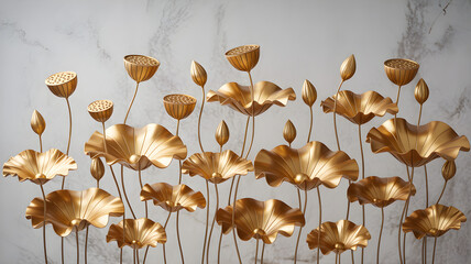 Golden Lotus Flower Wall Art with Metallic Leaves on Textured Gray Background