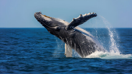 Humpback whale breaching the ocean surface with water splashing around its body in clear blue waters
