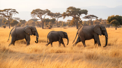 Obraz premium A trio of elephants walking through a grassy field with trees in the background on a sunny day in africa