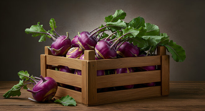 Fresh Purple Kohlrabi in Wooden Crate on Rustic Wooden Tabletop
