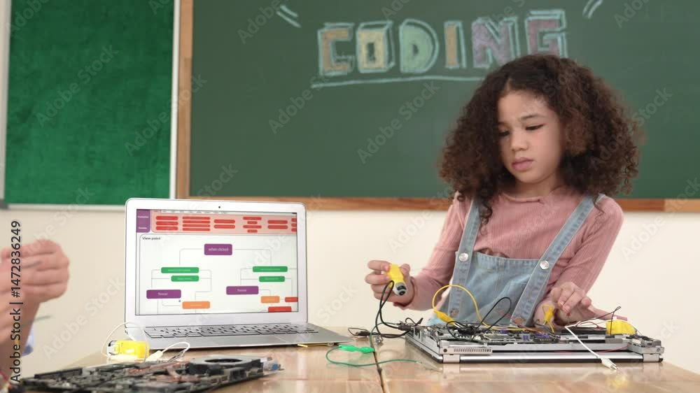 Poster diverse student working electronic board while laptop screen display coding engineering prompt and p