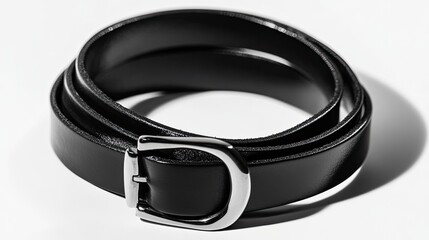 A classic black leather belt with a polished metal buckle