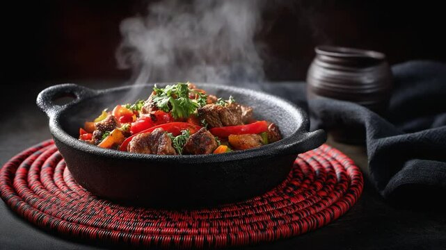 Steaming hot meat and vegetable dish with aromatic herbs
