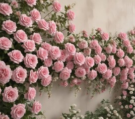 Obraz premium Romantic vintage floral wall Pink roses, daisies, hydrangeas Elegant, artificial , texture, home decor