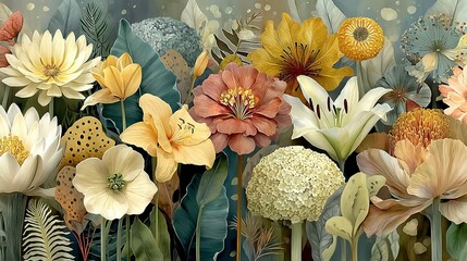   A painting depicts a group of flowers positioned against a leaf-covered wall