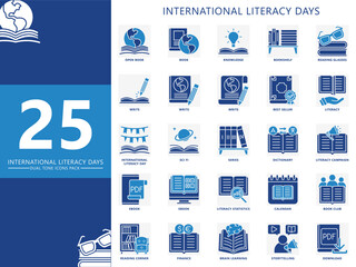 international literacy day icons set. Contain book, write, knowledge, best seller, calendar, e-book, reading corner, book club and more. Vector for education, UI, UX kit, web and app development.
