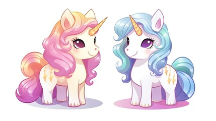 Naklejka premium Adorable Unicorn Couple Kawaii Cartoon Vector Character - Whimsical Fantasy Illustration for Kids