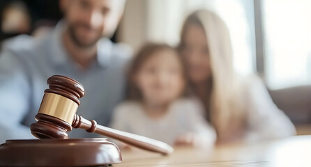 Legal Decision Affecting Family: Gavel rests in front of a smiling family, hinting at a court ruling impacting their lives, possibly related to custody.