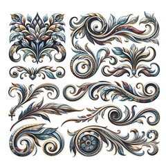 Set of vintage floral decorative elements. Ornate swirls and scrolls. Collection of ornamental elements for design