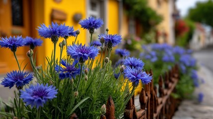 Cornflowers by weathered fence vibrant houses