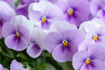 A bunch of purple and white flowers with yellow centers. The flowers are arranged in a way that they are all facing the same direction