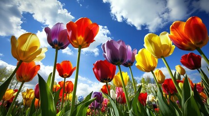 Fototapeta premium Vibrant tulips reaching toward a sunny, cloud-filled sky.
