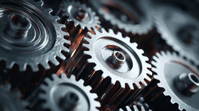 Closeup detailed shot of interlocking metal gears rotating machine grey work cogs dark steel power