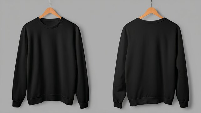 Black sweatshirt mockup front and back view on hanger casual long sleeve apparel design template