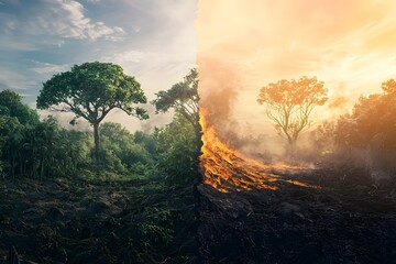 Split forest image showing contrast between lush green woods and destructive wildfire, symbolizing climate change and environmental crisis.