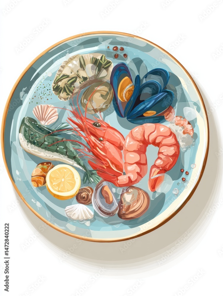 Poster colorful flat seafood set displayed on round plate featuring shrimp, mussels, and fish with empty sp
