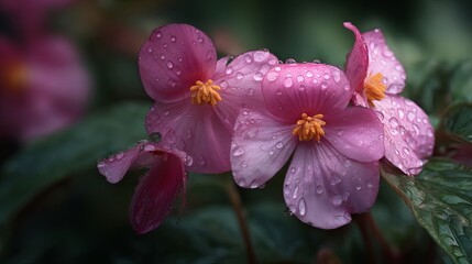 Obraz premium Beautiful pink begonia flowers with dew drops close up macro photography leaf soft bloom water plant