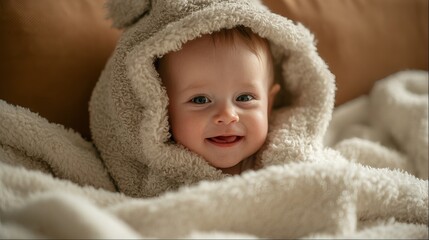 Adorable baby wrapped in soft cozy blanket smiling sweetly happy child kid joy cute warm rest calm