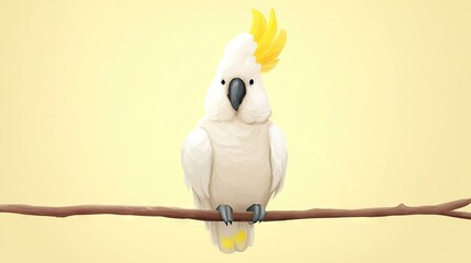   A white parrot perched on a branch, sporting a vibrant yellow mohawk and matching feathers