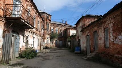 Charming old Russian streets with brick houses, worn structures, sunny weather, and an alley to an open-door site