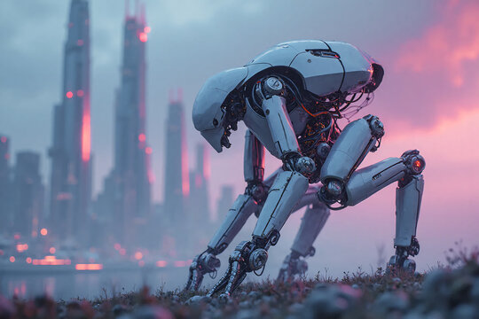 Fantastic alien robot in the evening futuristic city background. Side view.