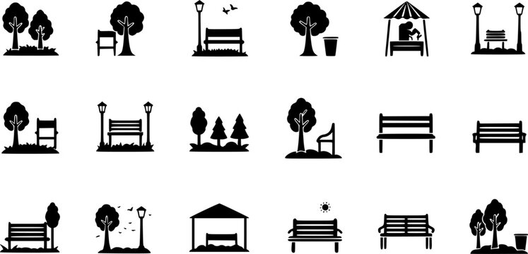 vector set of Park Icon Set. garden park minimalist with chair and tree, Open space black glyph icon. Public park with bench to sit. forest and bench vector icons
