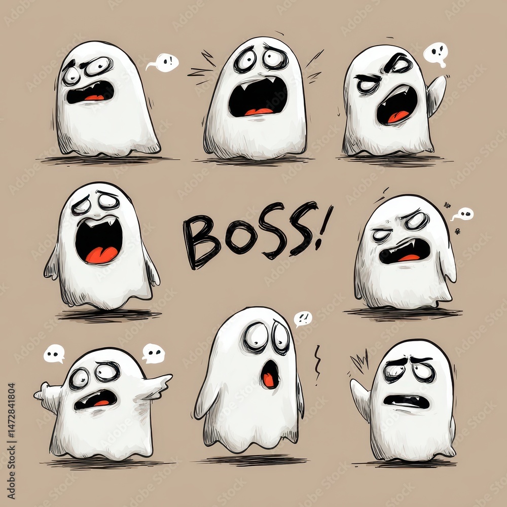 Poster cute ghost figures displaying various expressions.