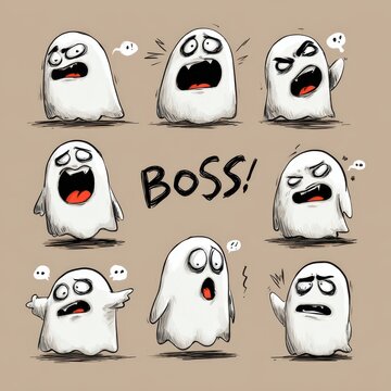 Cute ghost figures displaying various expressions.