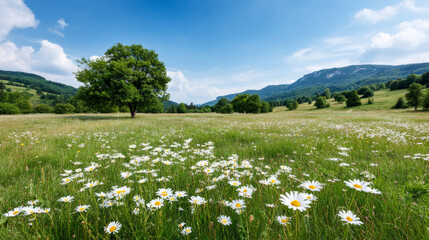 Panoramic view of a beautiful natural landscape with blooming daisies in the grass, trees, and hills in the background during a sunny spring day