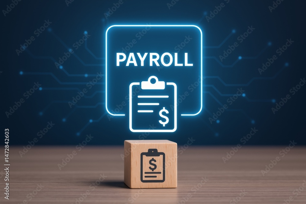 Poster payroll management system calculating salaries and wages, ensuring accurate and timely payments, str