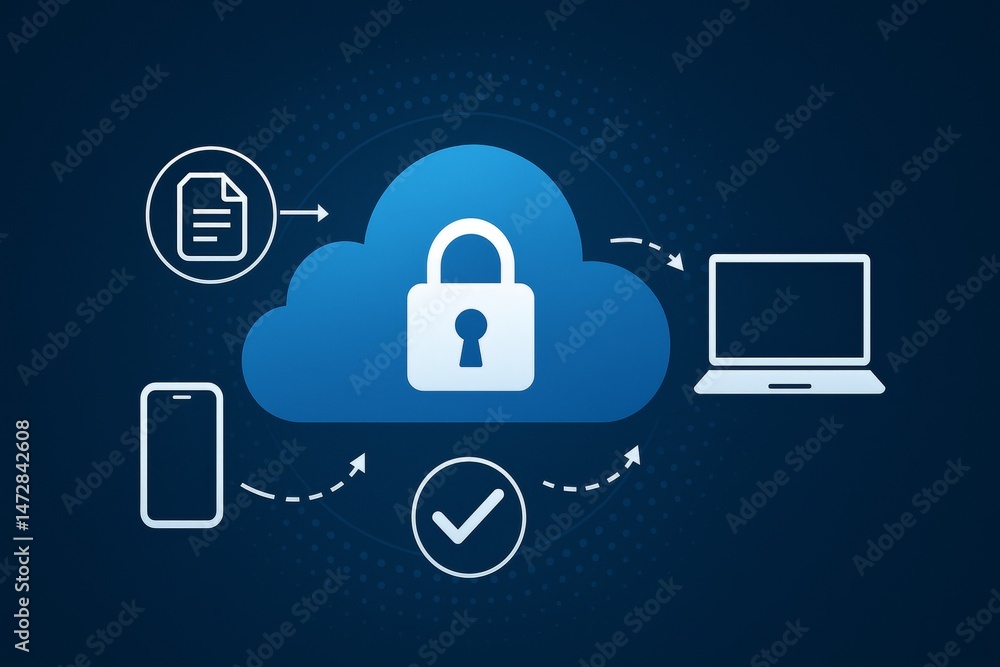 Poster data is being securely transferred between smartphone, laptop, and a protected cloud server, ensurin