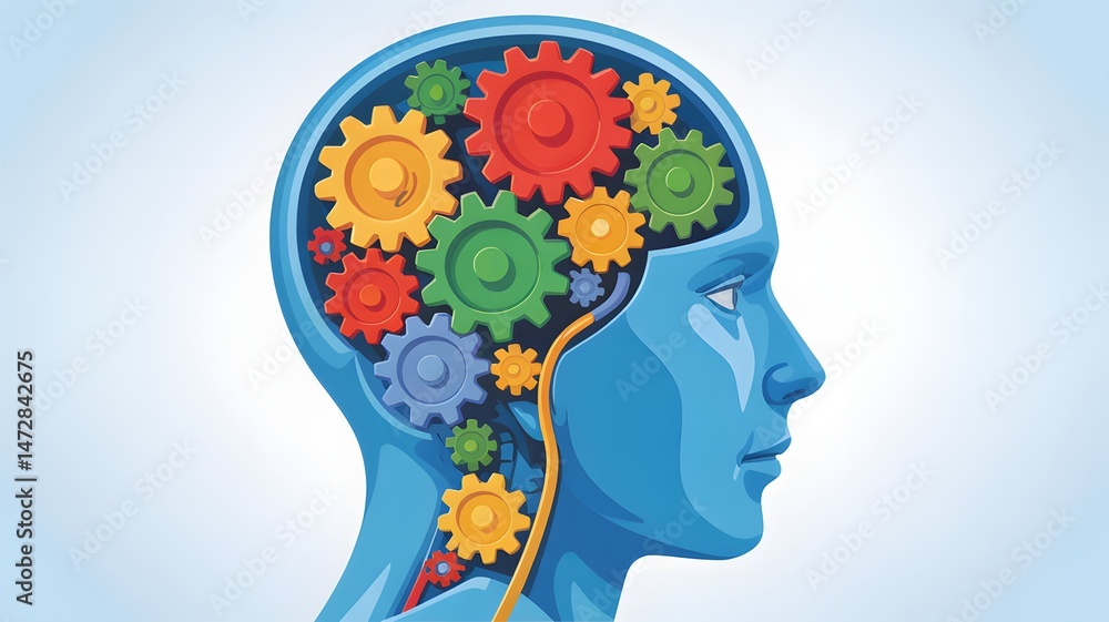 Poster human head with colorful gears inside symbolizing thinking brain function intelligence and mental pr
