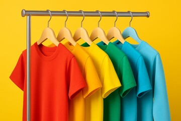 Obraz premium Rainbow colored t-shirts are hanging from wooden hangers on a metal clothes rack against a vibrant yellow background, creating a cheerful and organized display of casual clothing