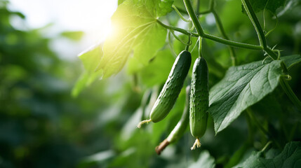 Close up of two cucumbers growing on a vine in a sunlit greenhouse, showcasing the fresh green leaves and tendrils