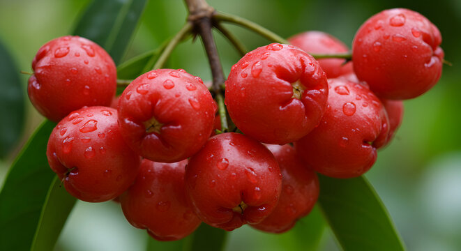 Wax Jambu Fruits With Water Droplets On A Blurred Green Background