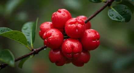 Fresh Acerola Cherries on a Branch Close-Up After Rain