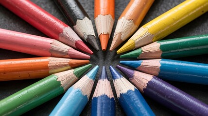 Naklejka premium Close-Up Of Colorful Crayons Arranged In A Circle Representing Creativity And Art 