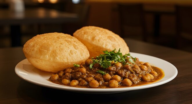 Chole bhature spicy chickpeas with fried bread on a restaurant table