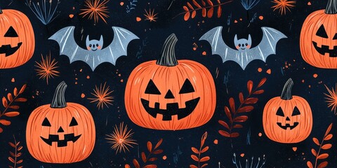 National pumpkin day with Halloween celebration idea. Festive Halloween pumpkins with bats and foliage background.