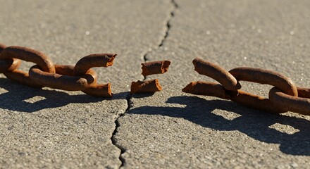 A broken chain link resting on a cracked concrete surface