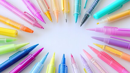 A collection of vivid gel pens and highlighters arranged in wheel-like shapes alongside bullet journal templates over white paper