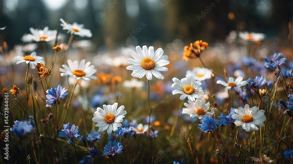 Poster a field of daisies and wildflowers with a fuzzy backdrop of trees and shrubs