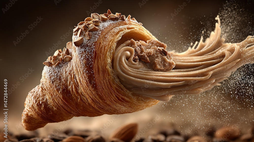 Poster a macro of a pastrie with icing on top of a mound of coffee grounds and powdered sugar